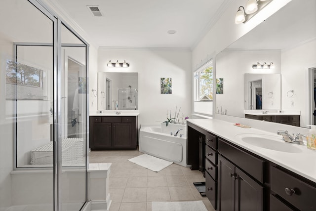 bathroom featuring tile patterned flooring, plus walk in shower, ornamental molding, and vanity