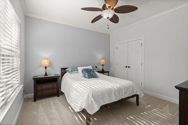 carpeted bedroom featuring ornamental molding, ceiling fan, and a closet