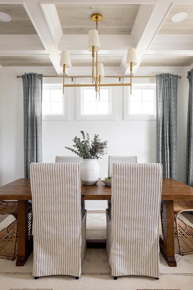 dining space with a wealth of natural light, beamed ceiling, and coffered ceiling