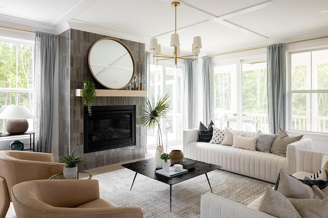 interior space featuring a chandelier and a fireplace