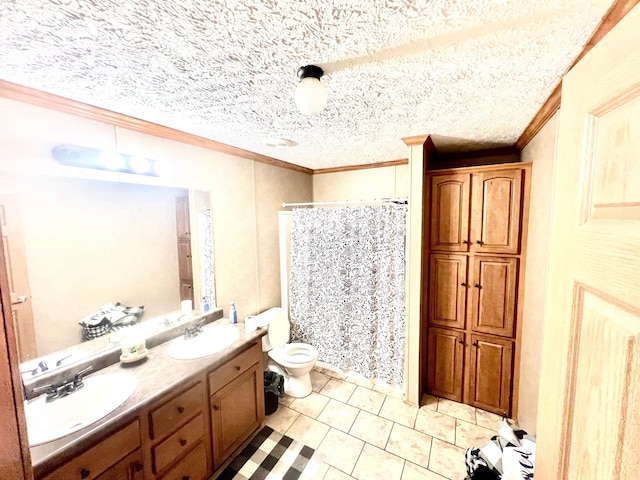 bathroom with vanity, walk in shower, crown molding, tile patterned floors, and a textured ceiling