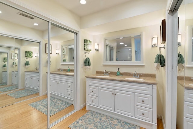 bathroom featuring hardwood / wood-style flooring and vanity