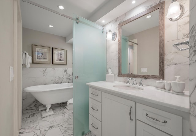 bathroom with tile walls, tile flooring, vanity, and toilet