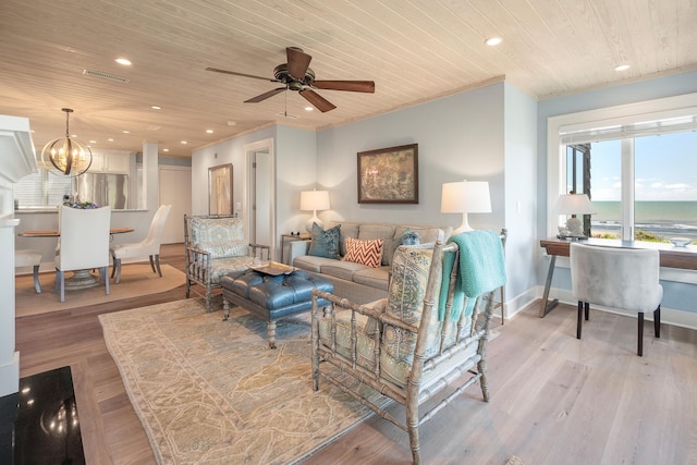 living room featuring ornamental molding, ceiling fan with notable chandelier, light wood-type flooring, and wood ceiling