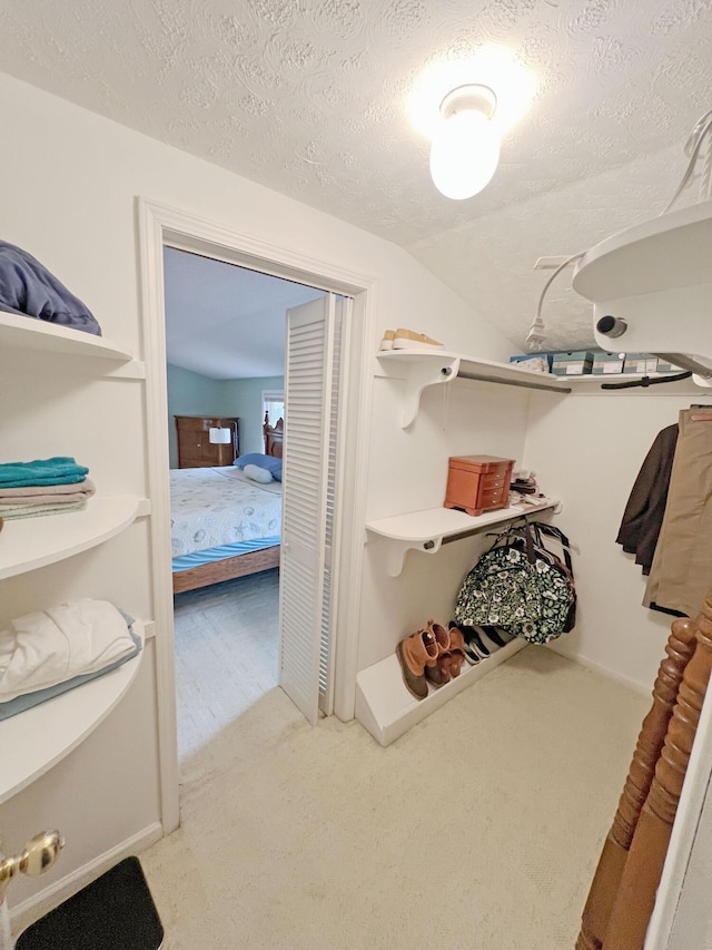 spacious closet with vaulted ceiling and carpet