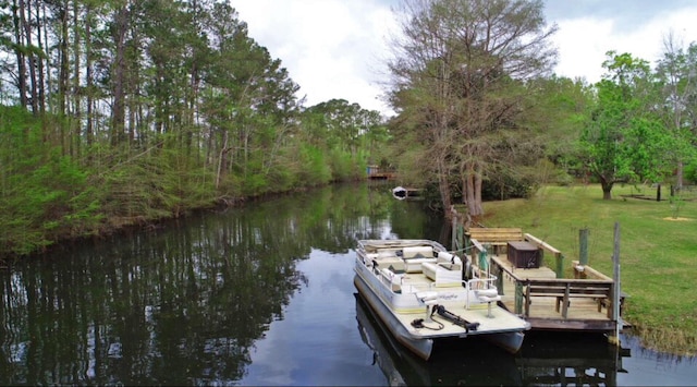 dock area with a lawn and a water view