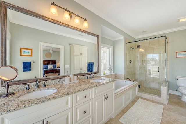 full bathroom featuring ensuite bath, toilet, ornamental molding, and a sink