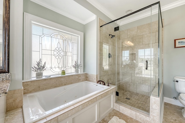 bathroom featuring a shower stall, a wealth of natural light, toilet, and ornamental molding