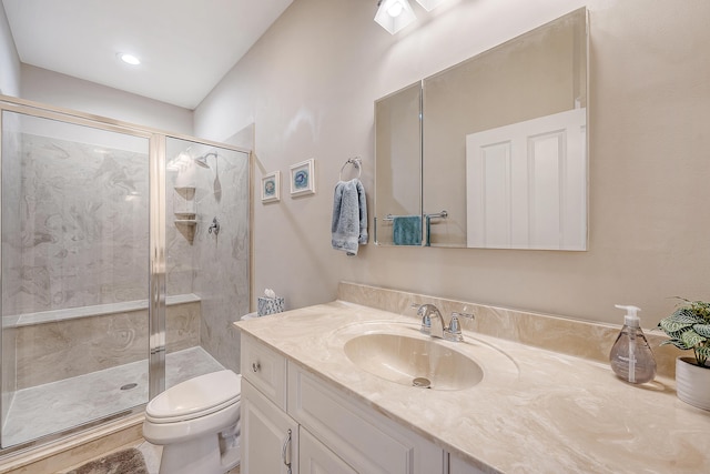 bathroom with toilet, vanity, and a stall shower