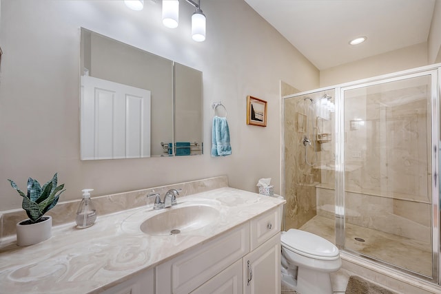 bathroom with toilet, vanity, and a stall shower