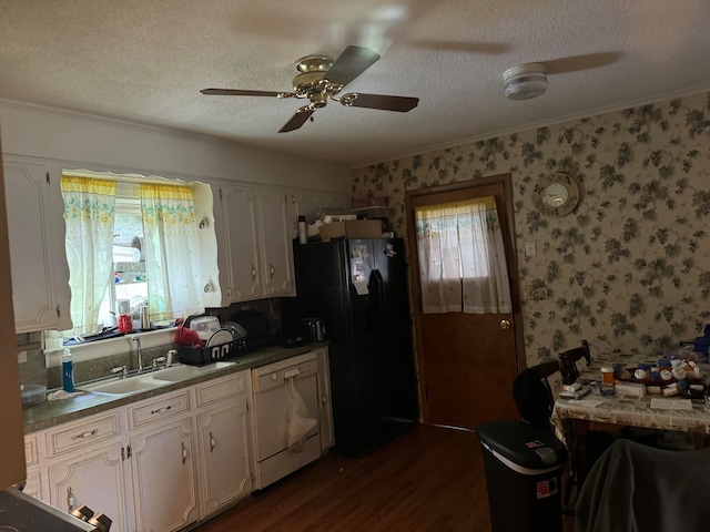 kitchen featuring dishwasher, ceiling fan, white cabinets, dark wood-type flooring, and black fridge with ice dispenser