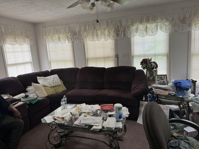 8520 Delhi Rd, North Charleston, SC 29406 - carpeted living area with a ceiling fan and a textured ceiling