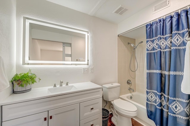 full bath with toilet, shower / bath combination with curtain, vanity, and visible vents