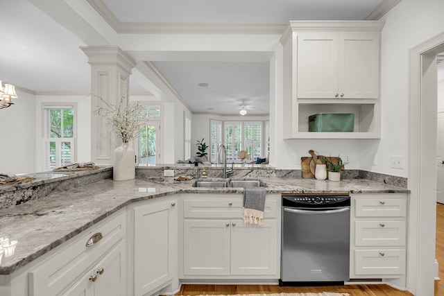 701 Hibbens Grant Blvd, Mount Pleasant, SC 29464 - kitchen featuring stainless steel dishwasher, white cabinets, crown molding, light wood-style flooring, and a ceiling fan
