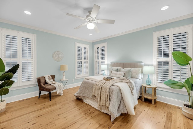 701 Hibbens Grant Blvd, Mount Pleasant, SC 29464 - bedroom featuring wood finished floors, ornamental molding, recessed lighting, ceiling fan, and multiple windows