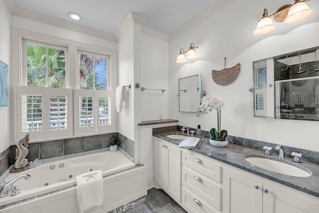 701 Hibbens Grant Blvd, Mount Pleasant, SC 29464 - full bathroom with a stall shower, a whirlpool tub, double vanity, tile patterned floors, and ornamental molding