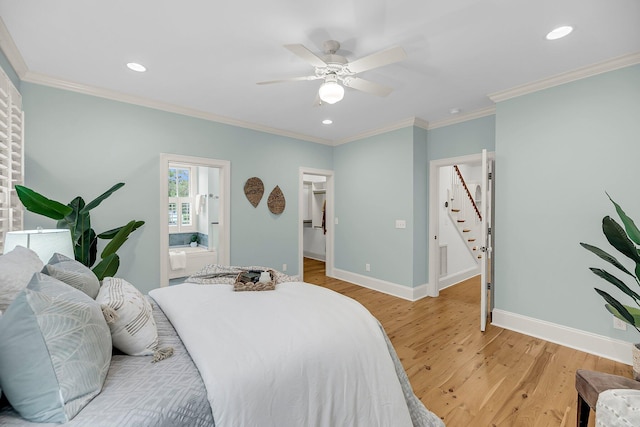 701 Hibbens Grant Blvd, Mount Pleasant, SC 29464 - bedroom with light wood-style floors, recessed lighting, crown molding, a ceiling fan, and ensuite bath