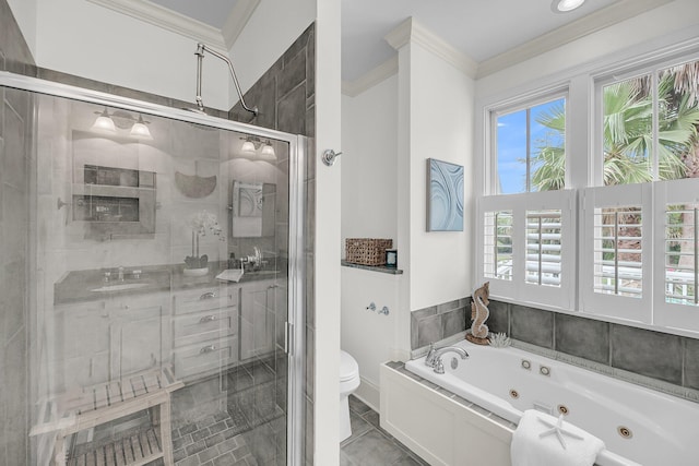 701 Hibbens Grant Blvd, Mount Pleasant, SC 29464 - bathroom with crown molding, a whirlpool tub, a shower stall, and plenty of natural light