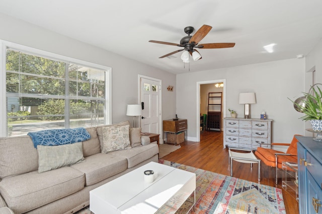 living room with ceiling fan and hardwood / wood-style floors