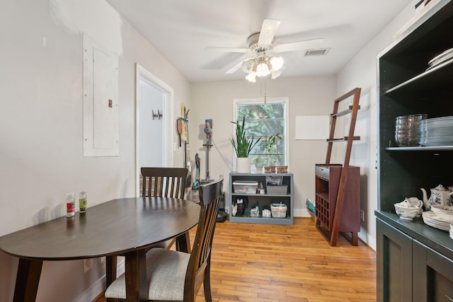 dining space with ceiling fan, light wood-type flooring, and electric panel