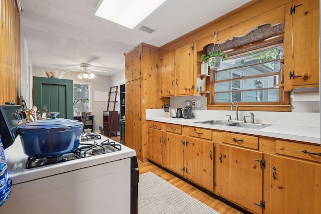 kitchen featuring ceiling fan, light hardwood / wood-style flooring, sink, and white range oven