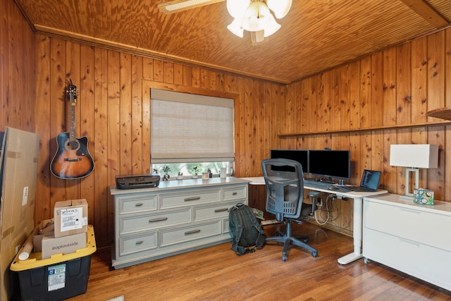 office space with ceiling fan, hardwood / wood-style floors, wood ceiling, and wooden walls