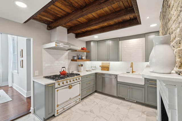 kitchen featuring range hood, light countertops, stainless steel dishwasher, white stove, and a sink