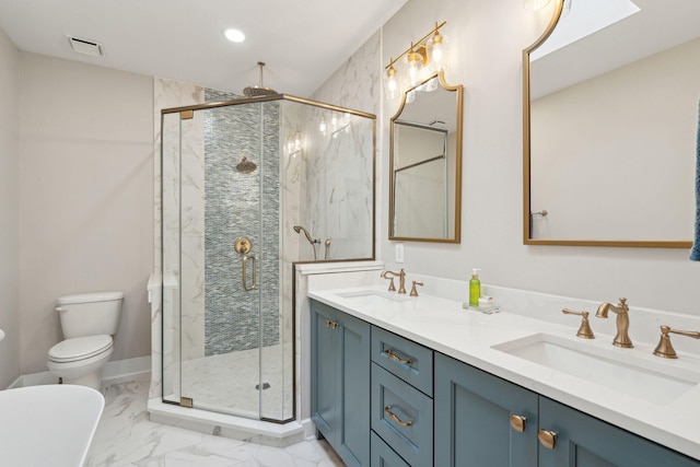 bathroom with a stall shower, marble finish floor, visible vents, and a sink