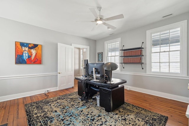 home office featuring a ceiling fan, visible vents, baseboards, and wood finished floors