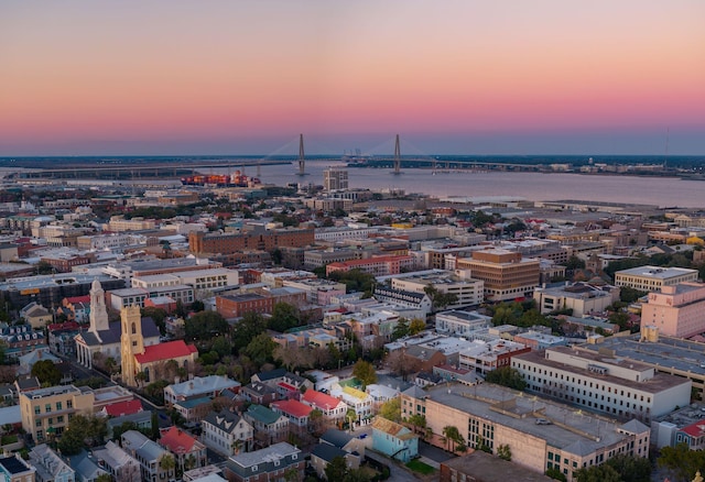 aerial view with a water view and a view of city