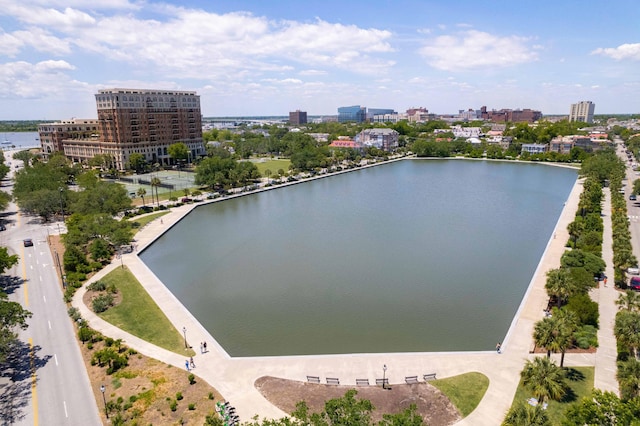 aerial view featuring a water view