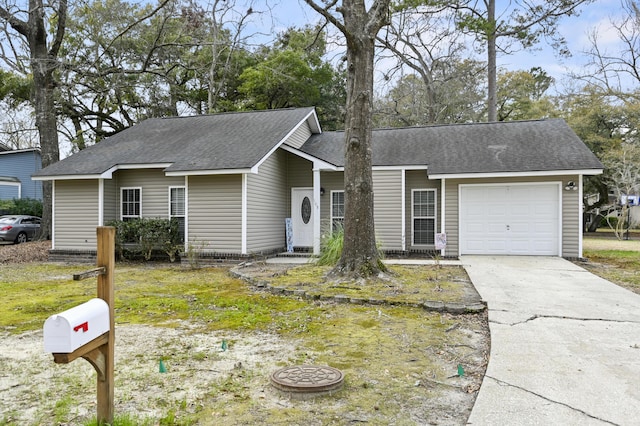 single story home featuring driveway, a garage, and roof with shingles