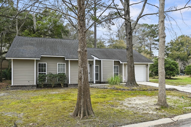 single story home featuring driveway, a front yard, a garage, and roof with shingles