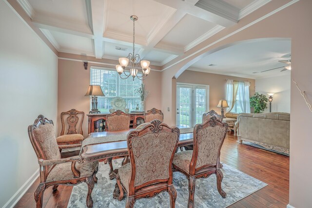 dining space featuring wood-type flooring, ceiling fan with notable chandelier, plenty of natural light, and coffered ceiling