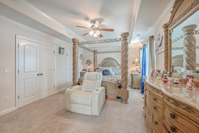 carpeted bedroom with crown molding and ceiling fan