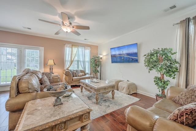 living room featuring ceiling fan, dark hardwood / wood-style floors, and crown molding