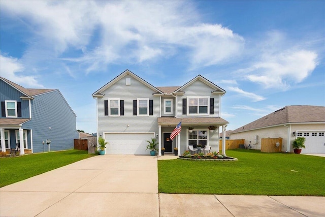 view of front of property featuring a garage, covered porch, and a front lawn