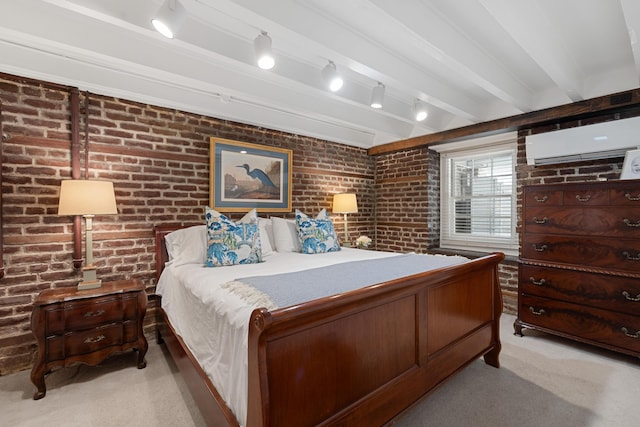 bedroom featuring a wall mounted air conditioner, brick wall, beam ceiling, and light carpet