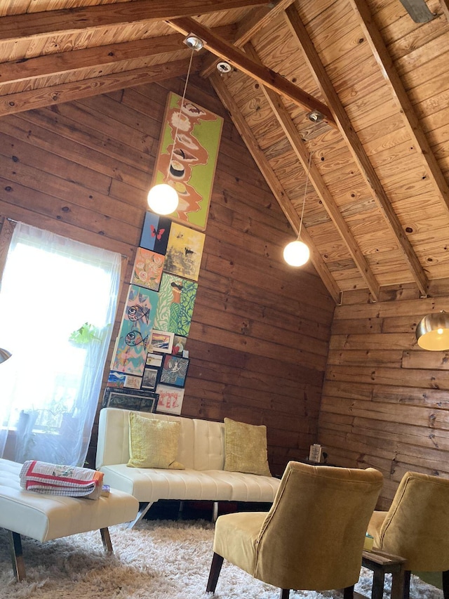 unfurnished living room featuring beamed ceiling, high vaulted ceiling, wooden ceiling, and wood walls