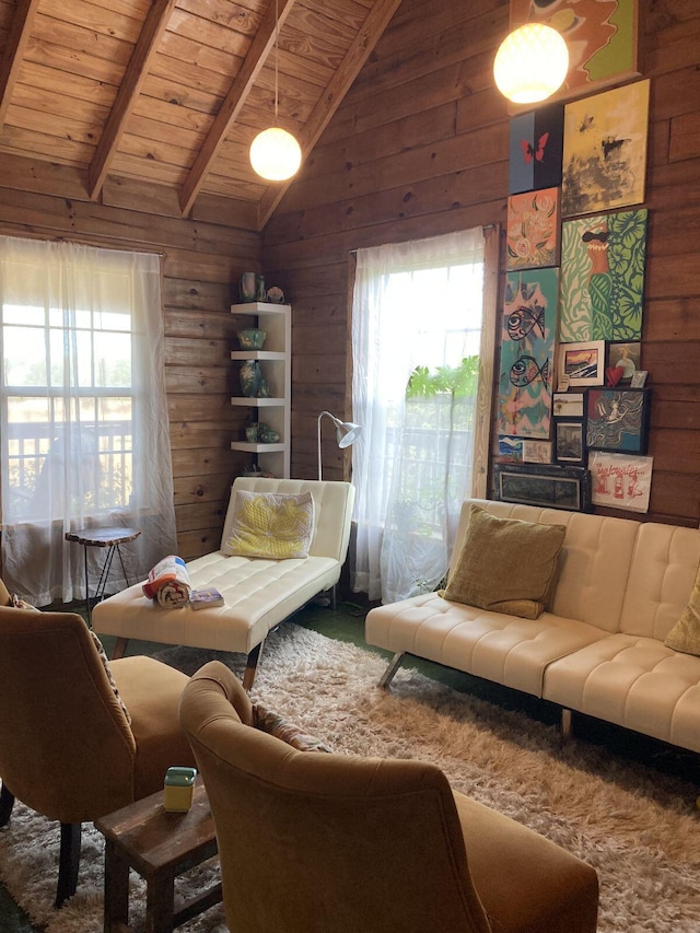 living room featuring lofted ceiling with beams and wood ceiling