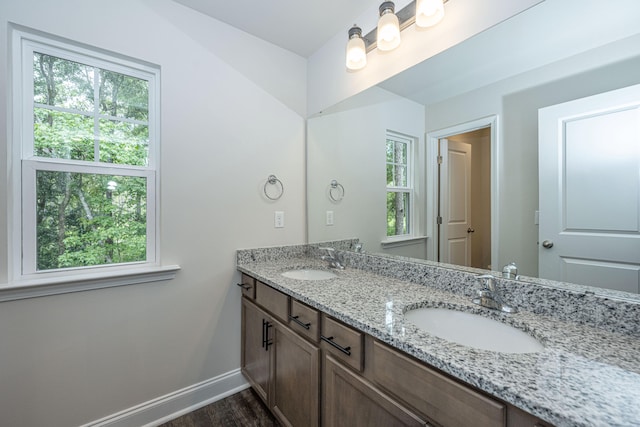 bathroom featuring vanity and hardwood / wood-style flooring