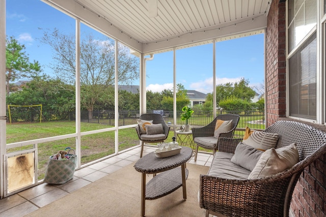 sunroom with wooden ceiling