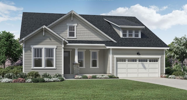 craftsman-style home featuring a front lawn, concrete driveway, a garage, and a shingled roof