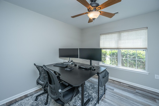 5128 Thornton Dr, Summerville, SC 29485 - office area featuring baseboards, wood finished floors, and a ceiling fan