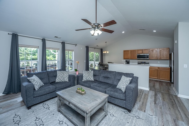 5128 Thornton Dr, Summerville, SC 29485 - living room with light wood-type flooring, ceiling fan, lofted ceiling, and recessed lighting