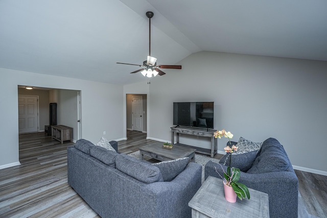 5128 Thornton Dr, Summerville, SC 29485 - living area with vaulted ceiling, wood finished floors, ceiling fan, and baseboards