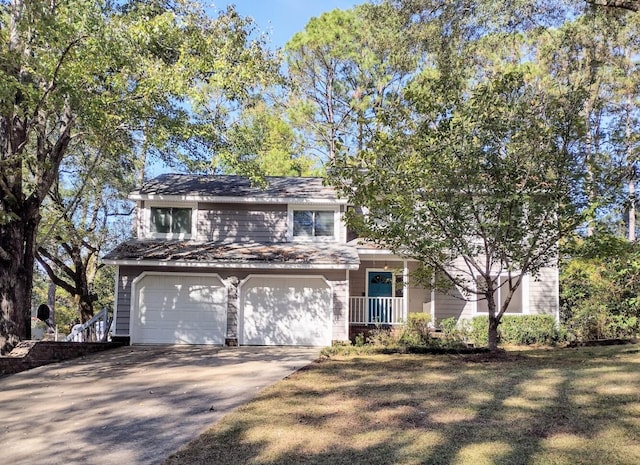 view of front of property with a front lawn and a garage