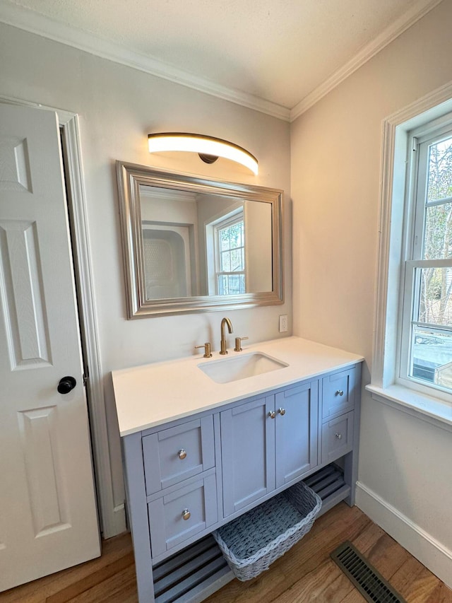 bathroom featuring hardwood / wood-style floors, vanity, and crown molding