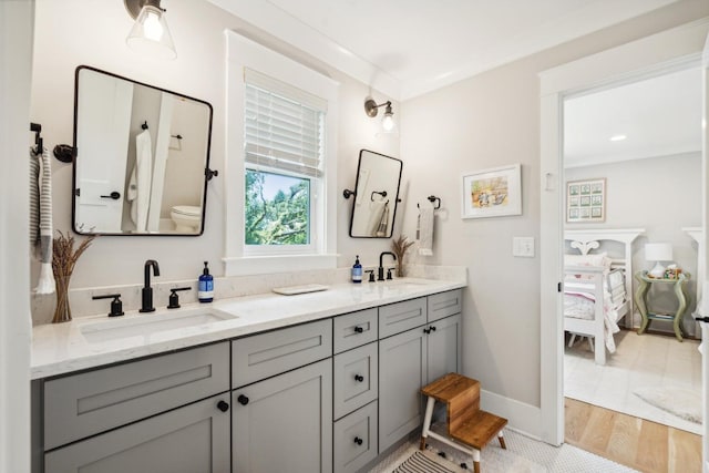 bathroom featuring vanity, wood-type flooring, and toilet