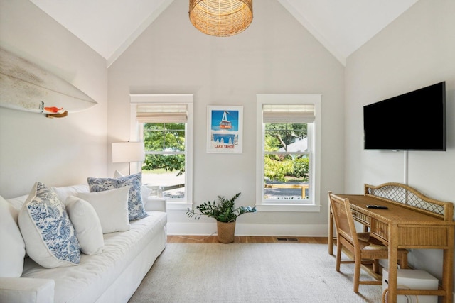 living room with hardwood / wood-style floors, high vaulted ceiling, and a healthy amount of sunlight